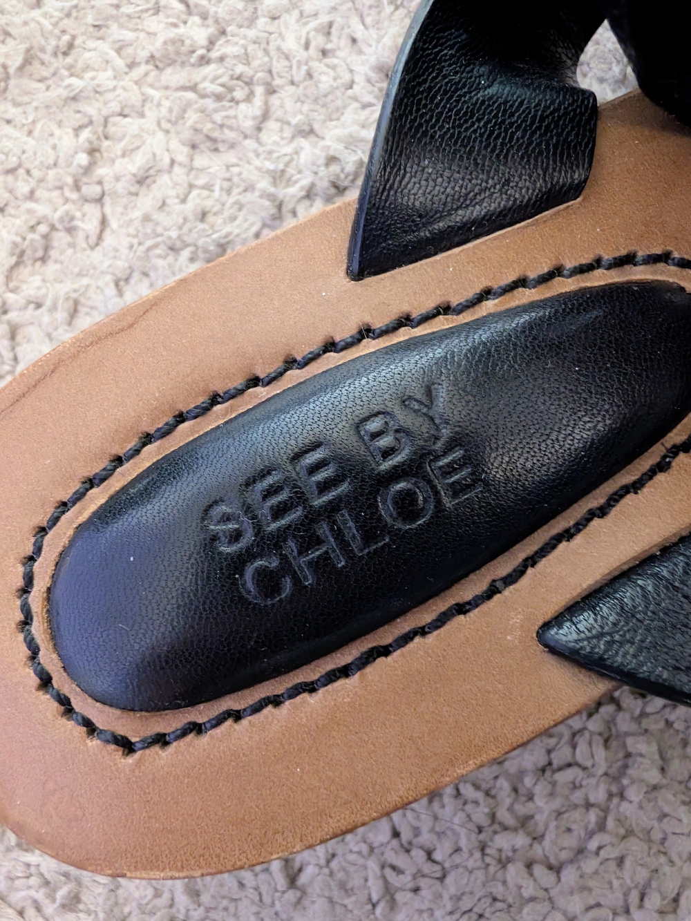 See By Chloe Black Strappy Leather Slide Sandals with Tan Footbed